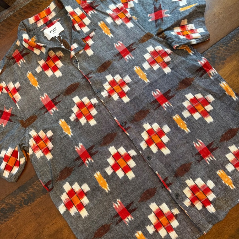 Wax London Didcot Shirt Mens XXL Grey Red Orange Ikat Geometric Cotton SS24-SSS